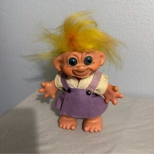 VINTAGE DAM 8" TROLL BANK Purple Dress Yellow Hair Green Eyes from the 60s